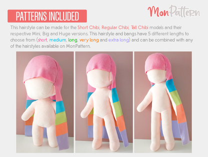 Straight Hair sewing pattern for Chibi plushies, long hair and bangs. 5 lengths.