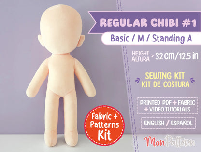 Regular Chibi #1 sewing kit with soft minky fabric, 3-heads tall straight body shape for male or female characters, printed tutorial included, DIY humanoid plush pattern 32 cm (12.5 in), ideal for anime-style chibi dolls, OCs and VTuber plushies.