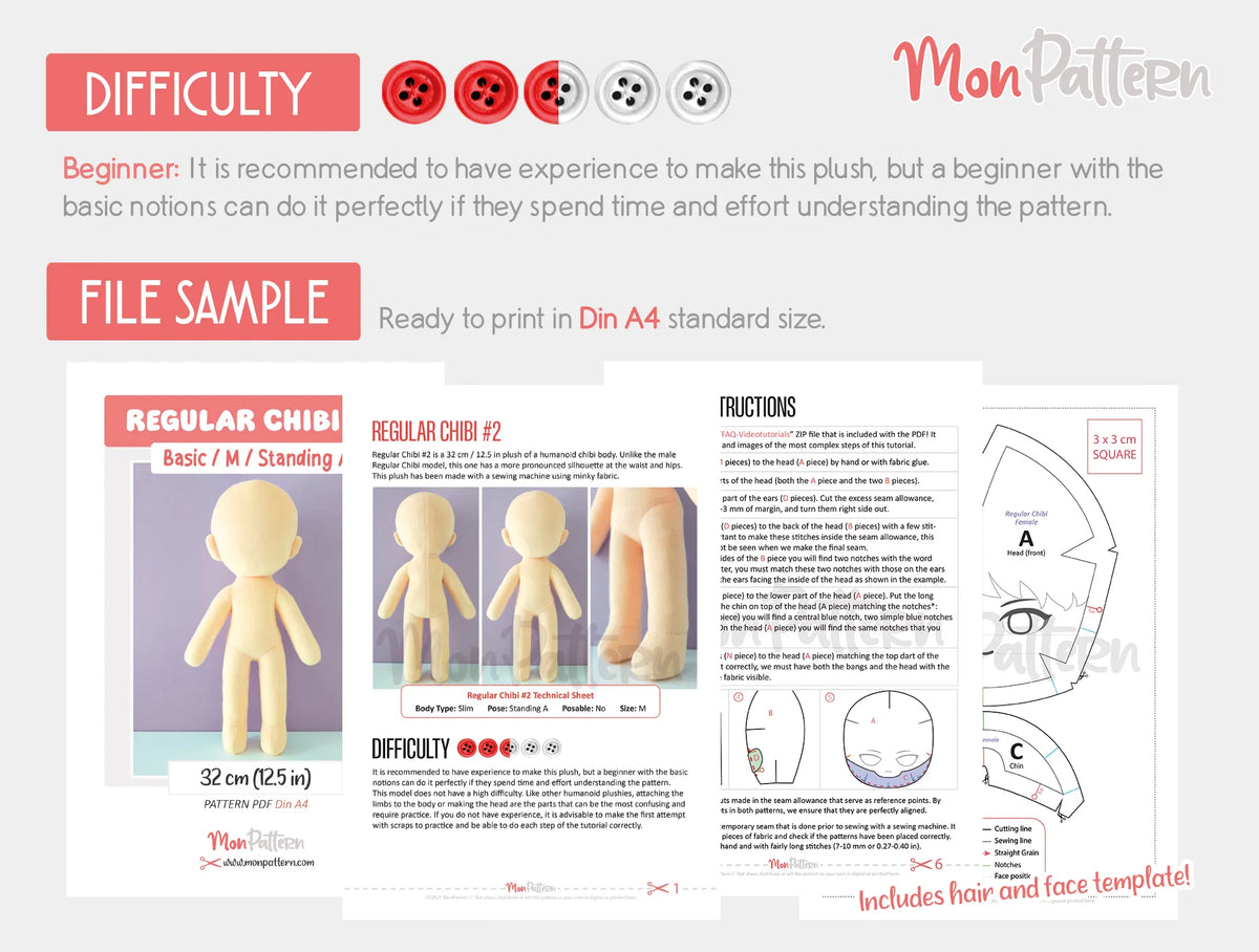 Chibi Pattern Design Regular Chibi #2 | Humanoid Chibi Plush Sewing Pattern 32cm (12.5 in ...