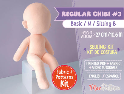 Regular Chibi #3 sewing kit with soft minky fabric, 3-heads tall straight body sitting pose for male or female characters, printed tutorial included, DIY humanoid plush pattern 32 cm (12.5 in), perfect for displaying on shelves, anime-style chibi dolls, OCs and VTuber plushies.