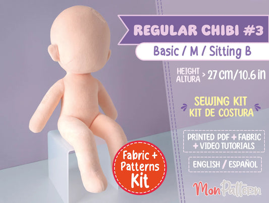 Regular Chibi #3 sewing kit with soft minky fabric, 3-heads tall straight body sitting pose for male or female characters, printed tutorial included, DIY humanoid plush pattern 32 cm (12.5 in), perfect for displaying on shelves, anime-style chibi dolls, OCs and VTuber plushies.