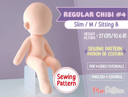 Step-by-step tutorial for sewing seated Regular Chibi #4 plushie, 3-heads chibi body, ideal for custom OCs, VTubers, and video game characters – MonPattern