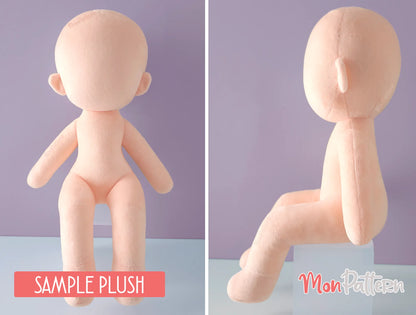 DIY humanoid chibi plushie with 3-heads proportions, sitting pose and slim feminine body, perfect for shelves or furniture decoration – MonPattern