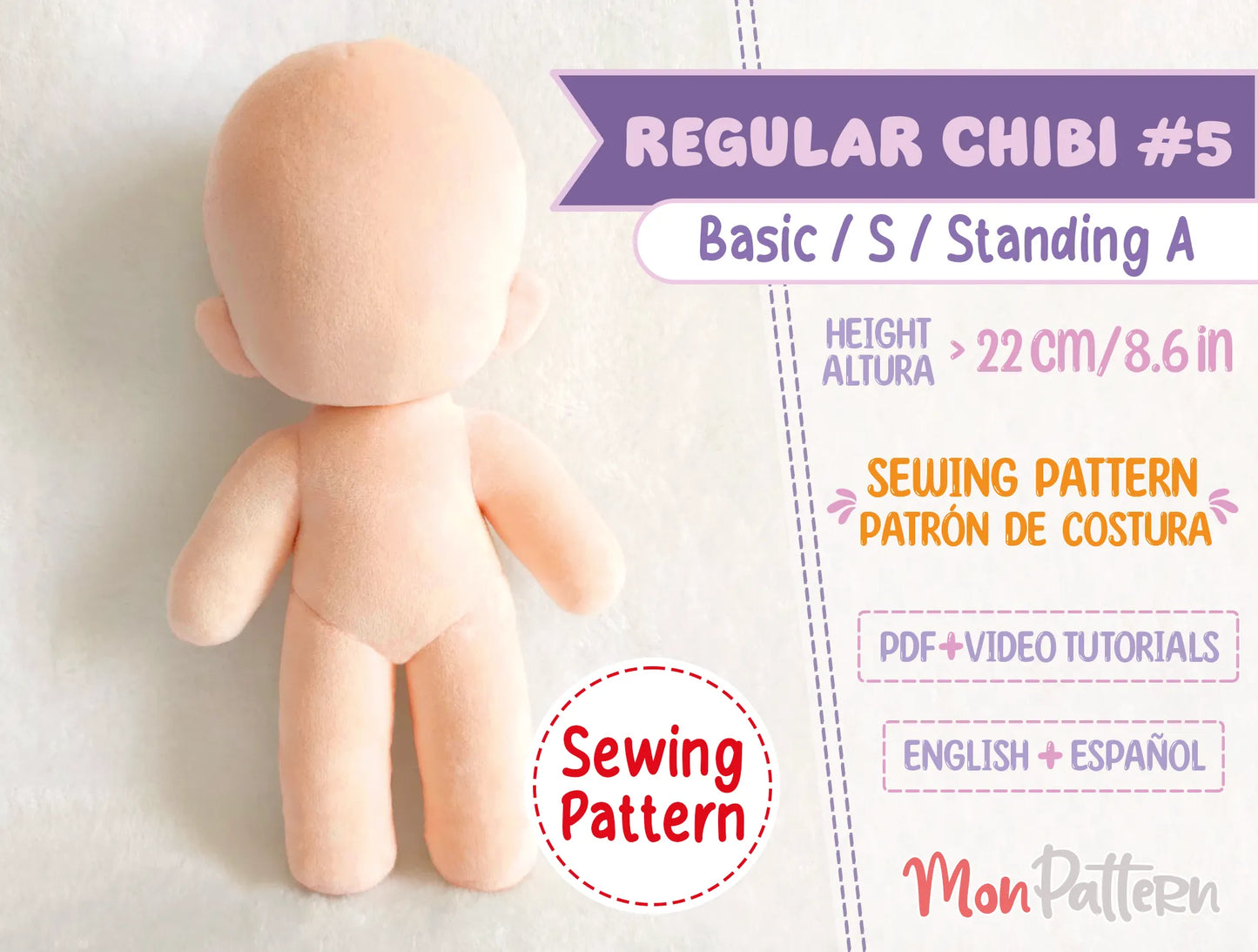 printable pdf sewing pattern for regular chibi #5 small humanoid plushie 22 cm, 3-heads chibi body, perfect for small anime plushies, ocs, vtubers, and video game characters – monpattern