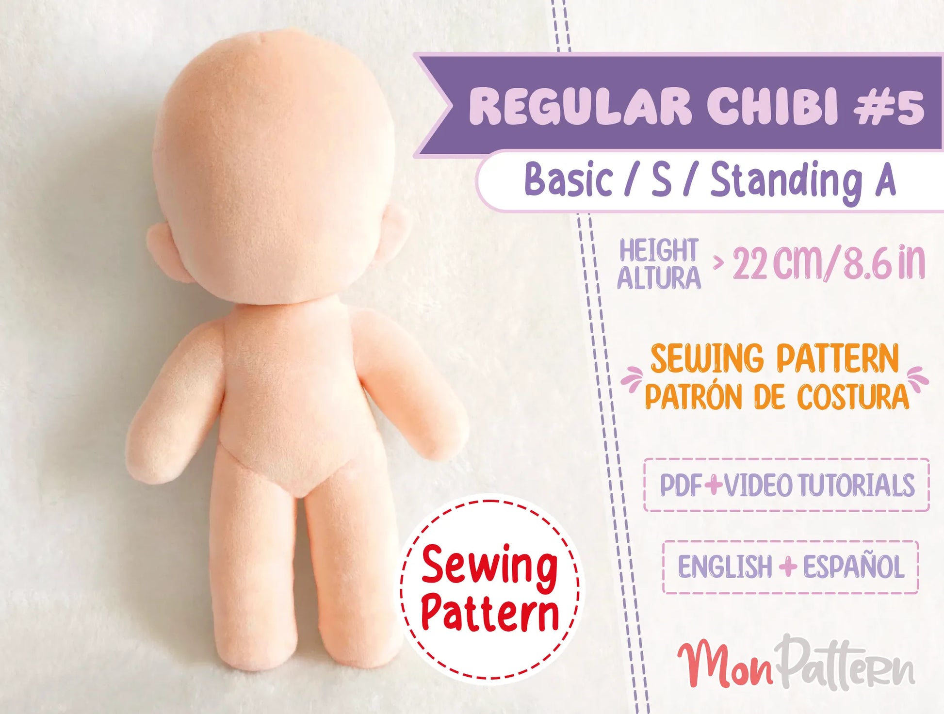 Printable PDF sewing pattern for Regular Chibi #5 small humanoid plushie 22 cm, 3-heads chibi body, perfect for small anime plushies, OCs, VTubers, and video game characters – MonPattern