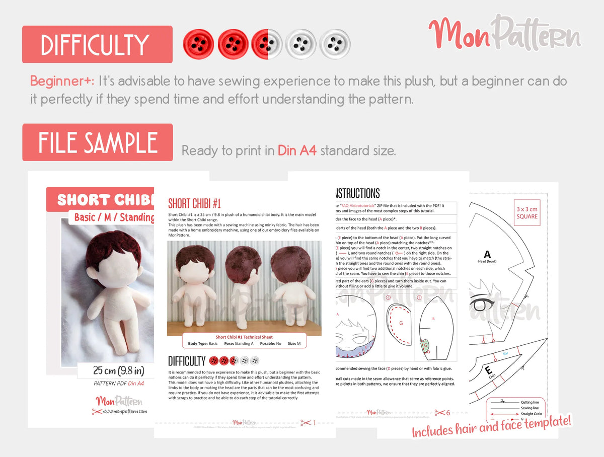 Chibi Free Pattern Short Chibi #1 | Humanoid Chibi Plush Sewing Pattern 25cm (10 in ...