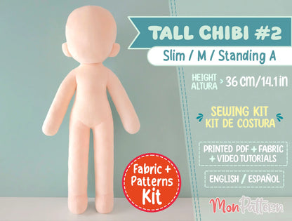 Tall Chibi #2 sewing kit with soft minky fabric, 4-heads tall slim body for female or slender characters, printed tutorial included, DIY humanoid plush pattern 36 cm (14.1 in), perfect for anime-style chibi dolls, OCs and VTuber plushies.