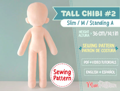 Chibi humanoid plush sewing pattern with slim waist, anime-style feminine characters – 36cm pattern