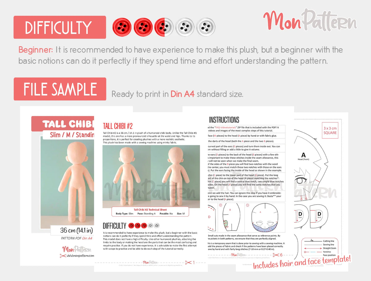 Chibi Plus Pattern Tall Chibi #2 | Slim Humanoid Chibi Plush Sewing Pattern 36cm (14.1 in ...