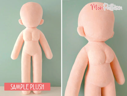 Digital sewing pattern for 4-head proportion humanoid plush with curvy feminine silhouette chibi, Anime-style chibi doll