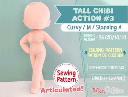 Articulated female chibi plush doll with a slim waist, a defined bust and feminine body shape, handmade with a sewing pattern