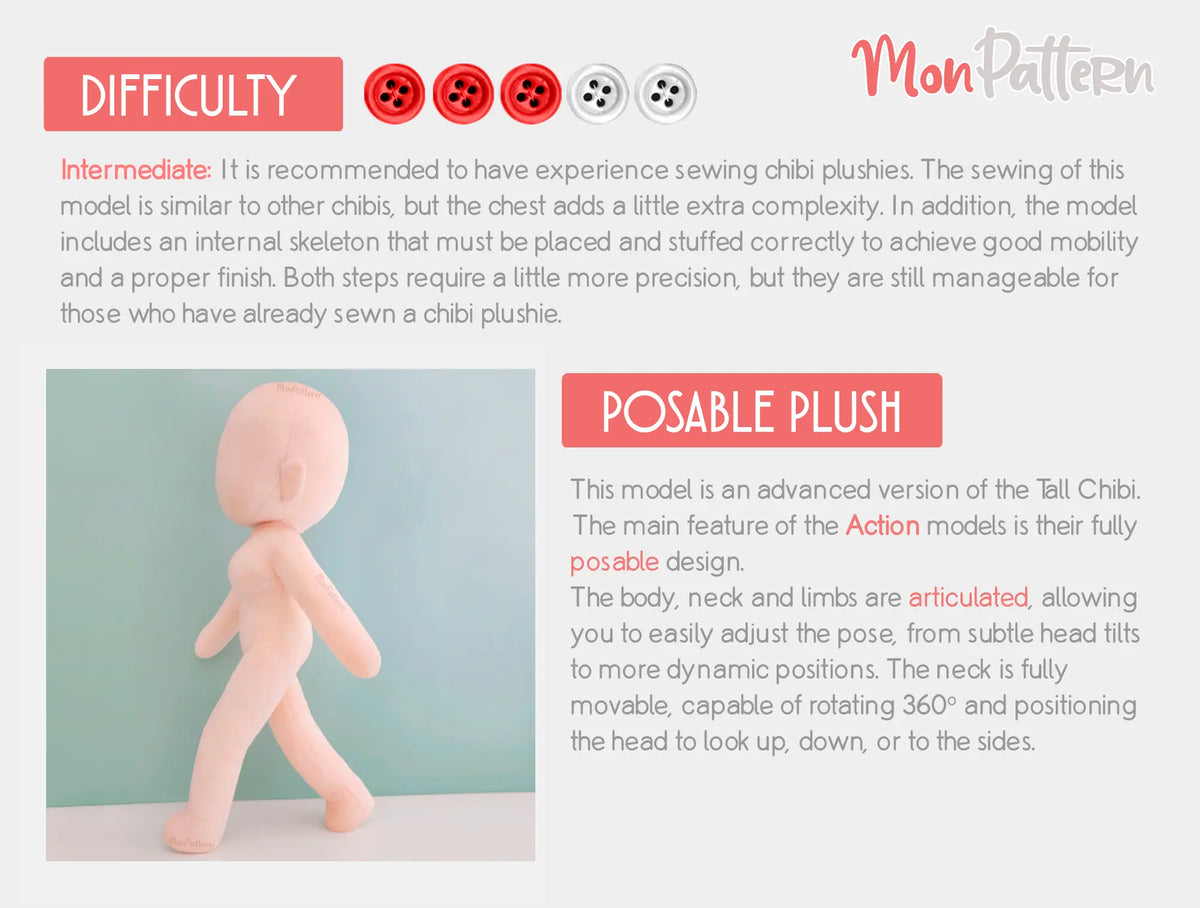 articulated chibi plush sewing pattern with feminine body shape, slim waist and bust showimgen