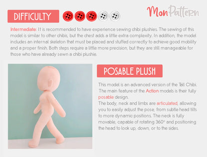 Articulated Chibi plush sewing pattern with feminine body shape, slim waist and bust SHOWIMGEN