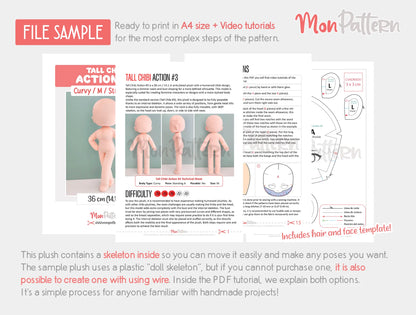 Sewing pattern and tutorial to make an articulated female Chibi plush doll at home SHOWIMGEN