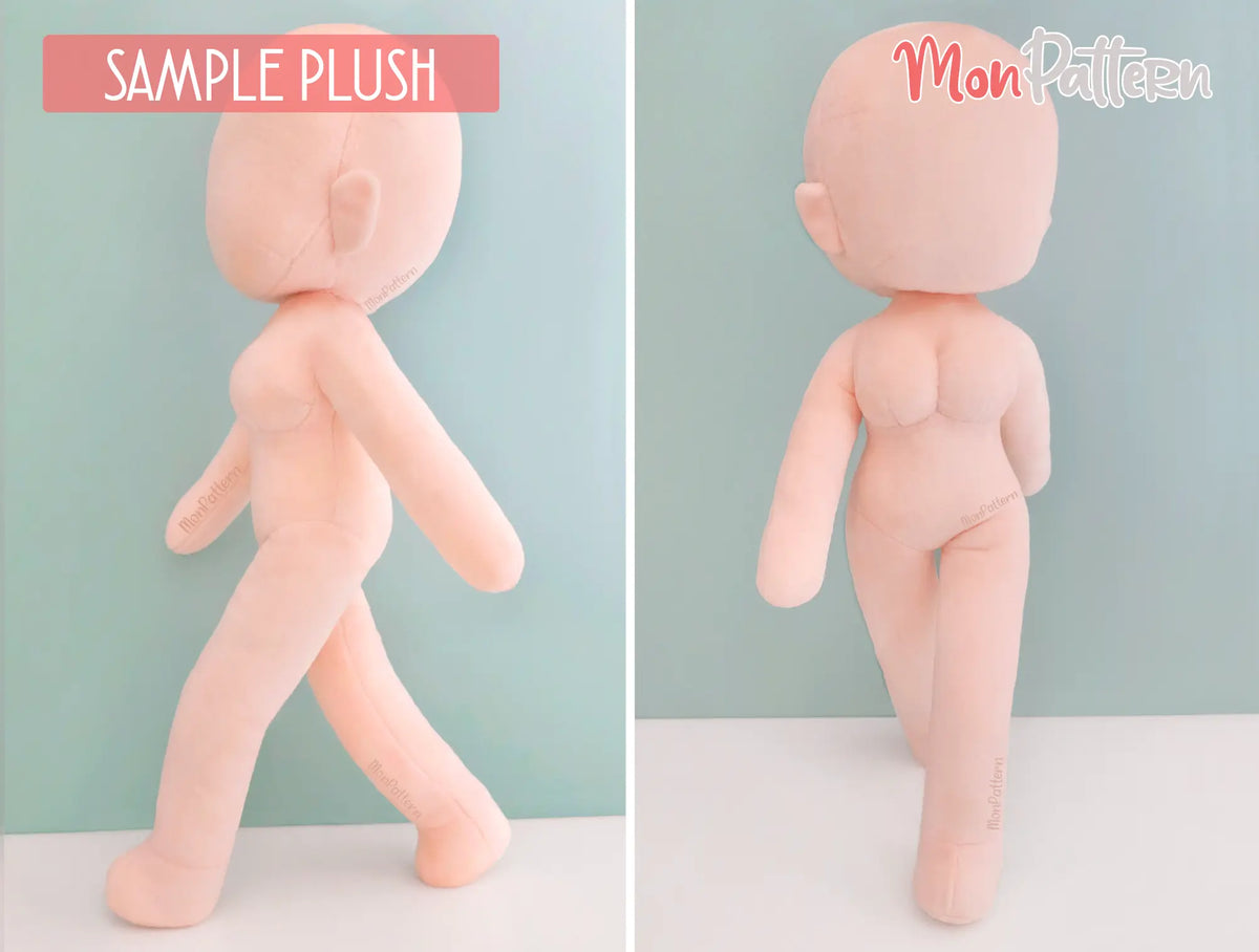 Chibi plush sewing pattern for a posable female doll with articulated joints