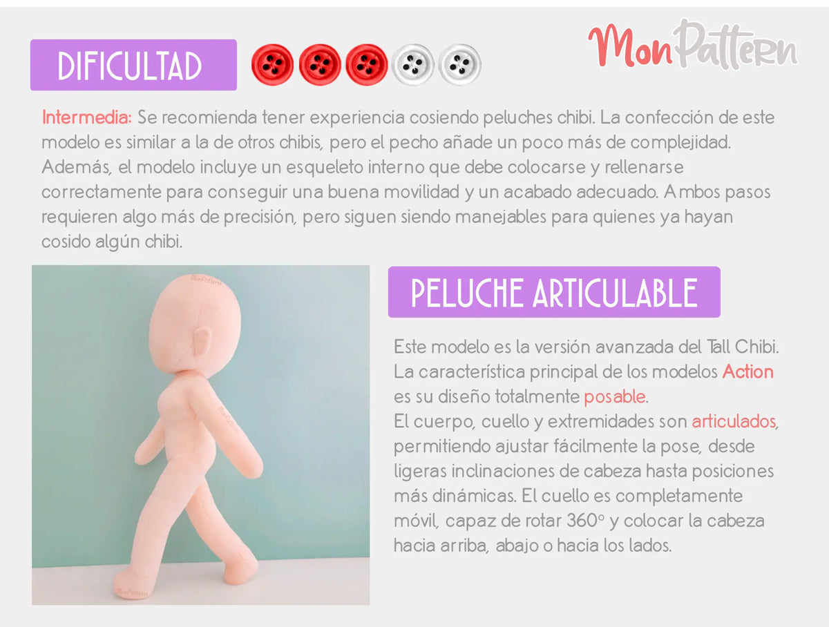 patrón de costura para crear un peluche chibi articulable con silueta femenina, cintura estrecha y pecho showimges