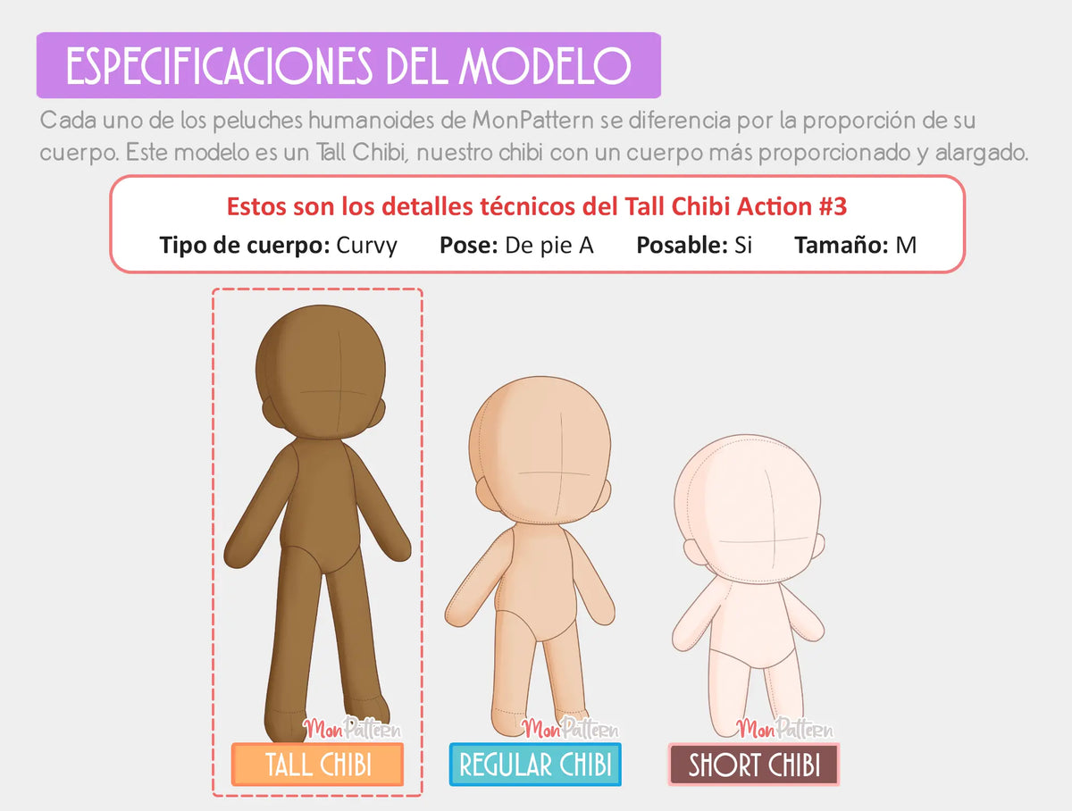 patrones de costura para peluches chibi con diferentes proporciones: short chibi, regular chibi y tall chibi showimges