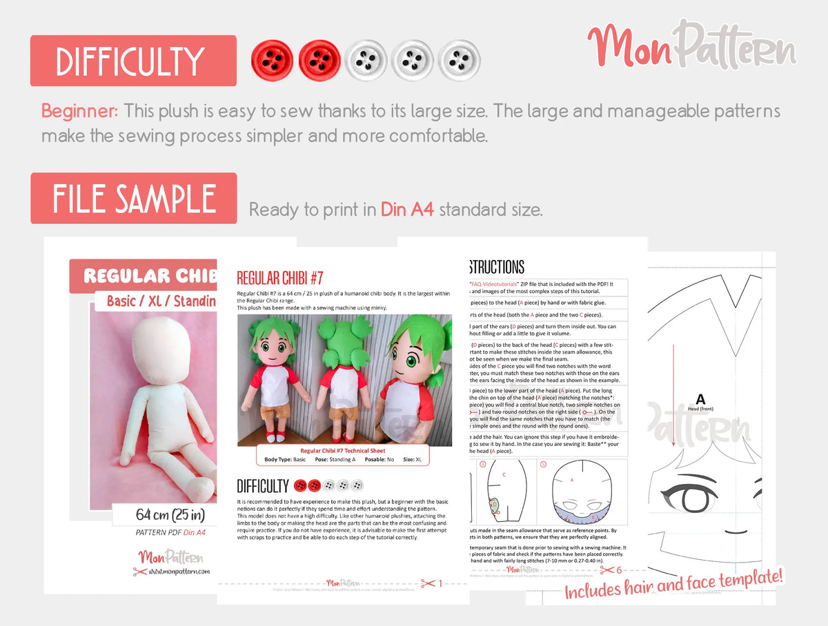 Chibi Pattern Design Regular Chibi #7 | Large Humanoid Chibi Plush Sewing Pattern 64 cm (25 ...