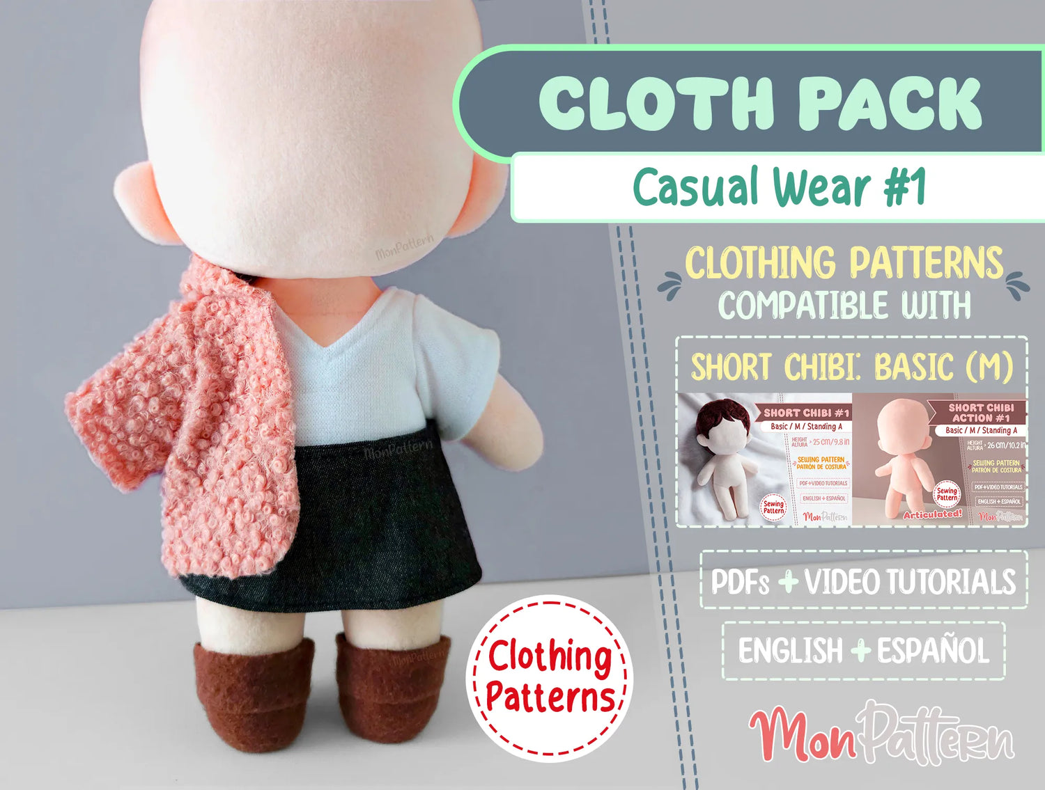 Short Chibi doll clothing sewing pattern T-shirt skirt coat boots MonPattern