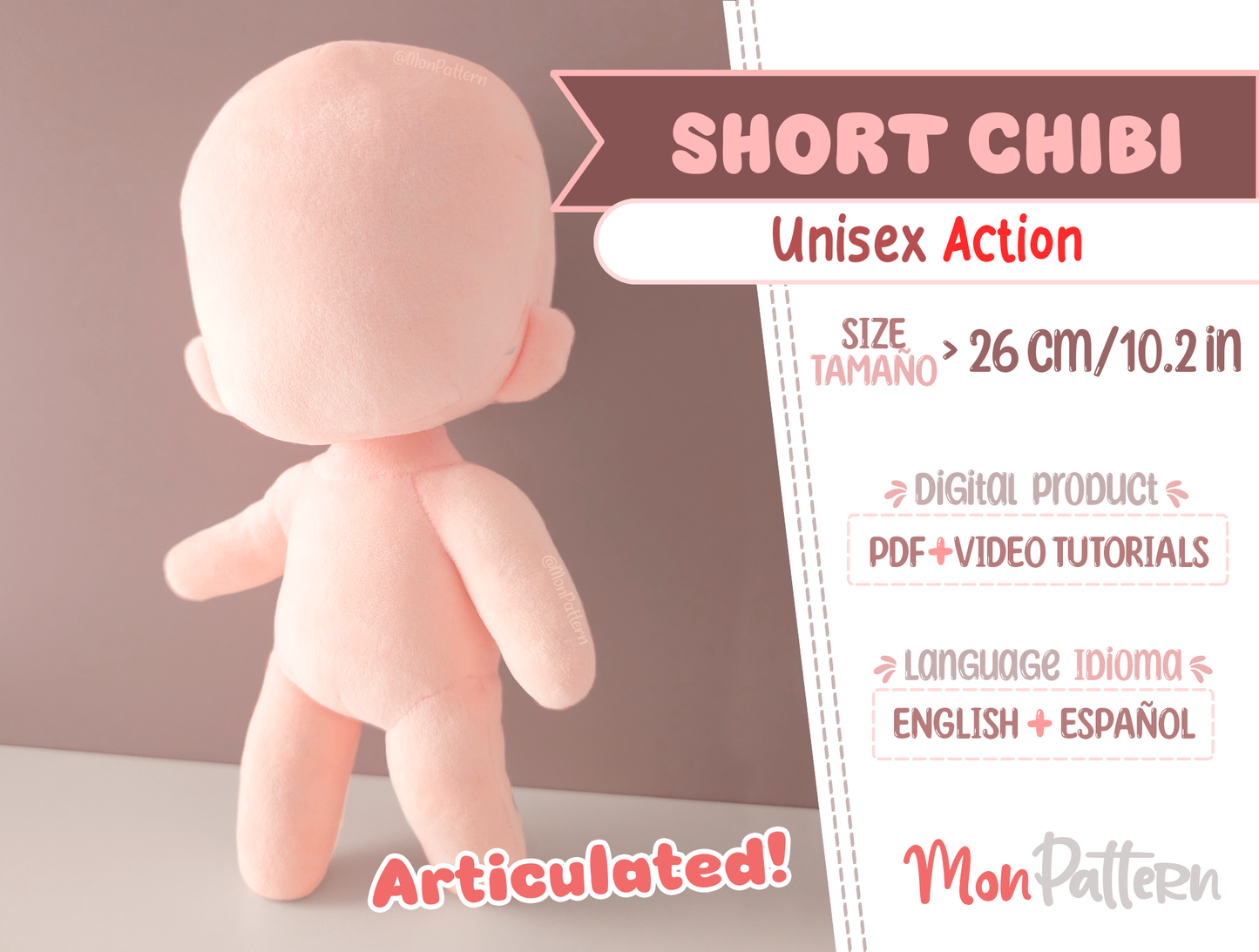 short chibi unisex action, plush sewing pattern. posable articulated skeleton anime plush 26 cm, 10.2 in. digital pdf, with english spanish tutorial, for beginners