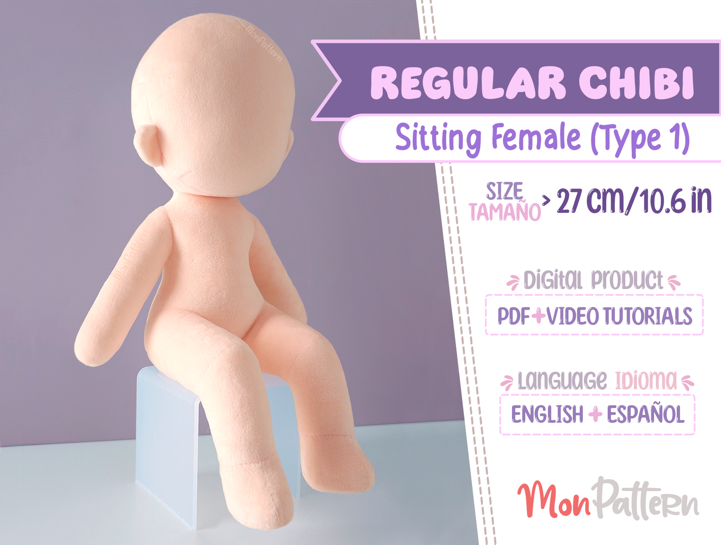 regular chibi sitting female. digital pdf, beginner plush sewing pattern. 27 cm 10.6 in 