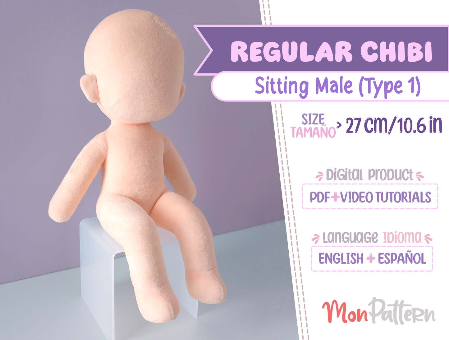 regular chibi sitting male. digital pdf, beginner plush sewing pattern. 27 cm 10.6 in 