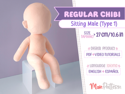 REGULAR CHIBI Sitting Male. Digital PDF, Beginner Plush Sewing Pattern. 27 cm 10.6 in 