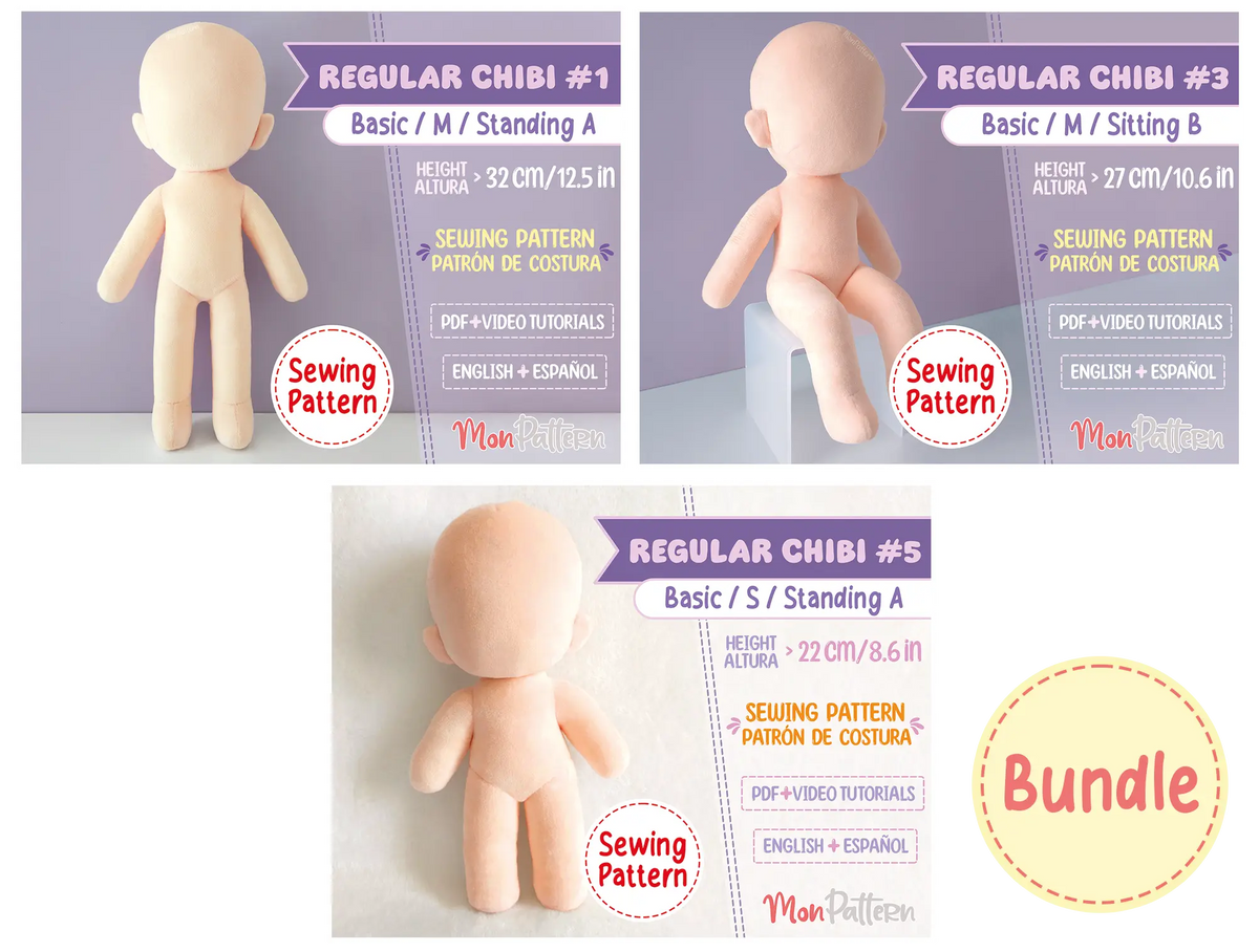 regular chibi sewing patterns for creating custom anime, video game and original character plushies in standing and sitting poses.