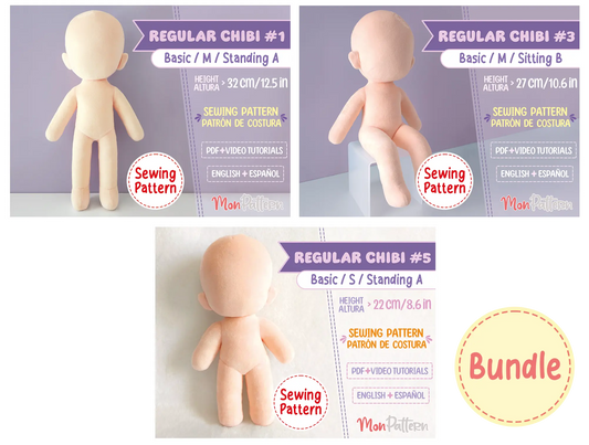 Regular Chibi sewing patterns for creating custom anime, video game and original character plushies in standing and sitting poses.