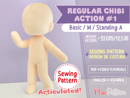 Regular Chibi Action #1 sewing pattern for an articulated chibi plush doll with a standard three-head body proportion.