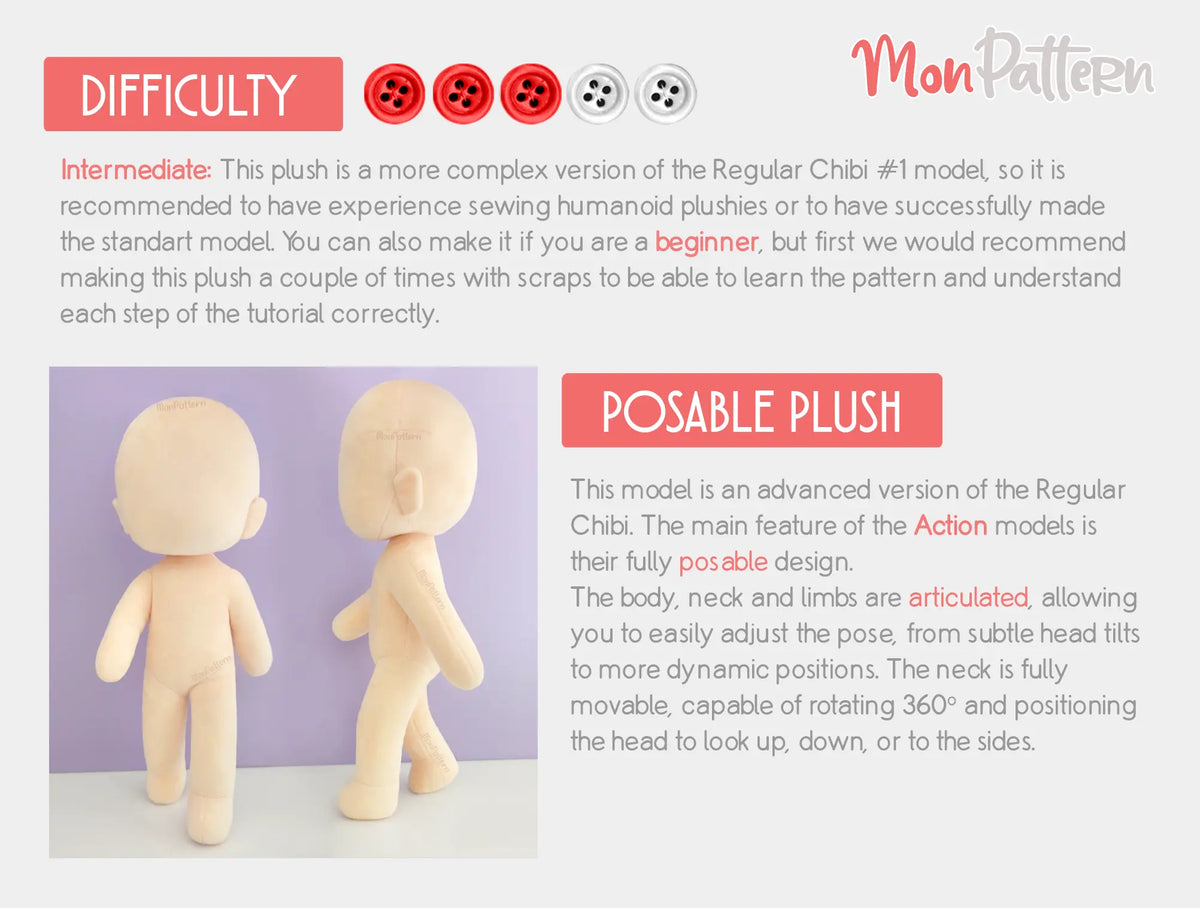 Intermediate chibi plush sewing project featuring an internal skeleton for creating movable limbs and posing a handmade character. SHOWIMGEN