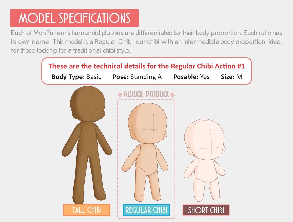 Regular Chibi body proportions compared with Short Chibi and Tall Chibi plush doll patterns. SHOWIMGEN