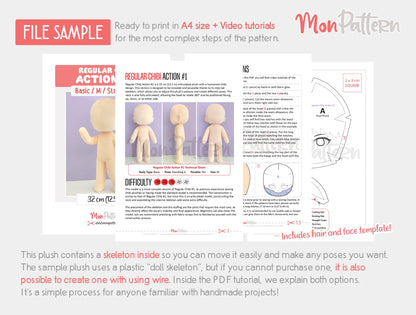 Chibi plush sewing pattern PDF preview with hair and face templates, step-by-step instructions and an internal skeleton for articulated movement. SHOWIMGEN