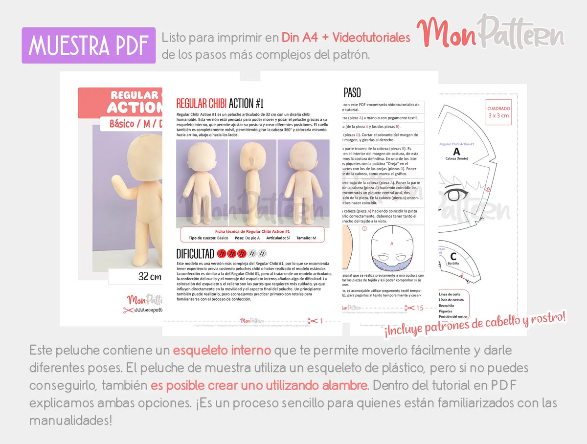 Vista previa del patrón de peluche en PDF con plantillas para el rostro y el cabello, instrucciones paso a paso y esqueleto interno articulado. SHOWIMGES