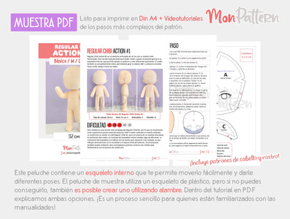 Vista previa del patrón de peluche en PDF con plantillas para el rostro y el cabello, instrucciones paso a paso y esqueleto interno articulado. SHOWIMGES