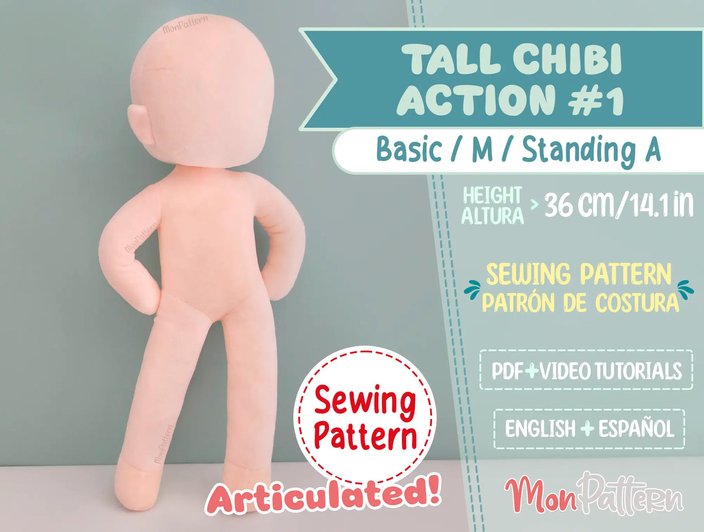 tall chibi action #1 sewing pattern | articulated plush pattern pdf | poseable doll