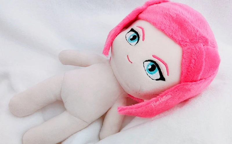 Work in progress of Ulala plush from Space Channel 5, anime-style chibi plush reference, handmade plush design inspiration, space reporter character sewing project, collectible character plush DIY