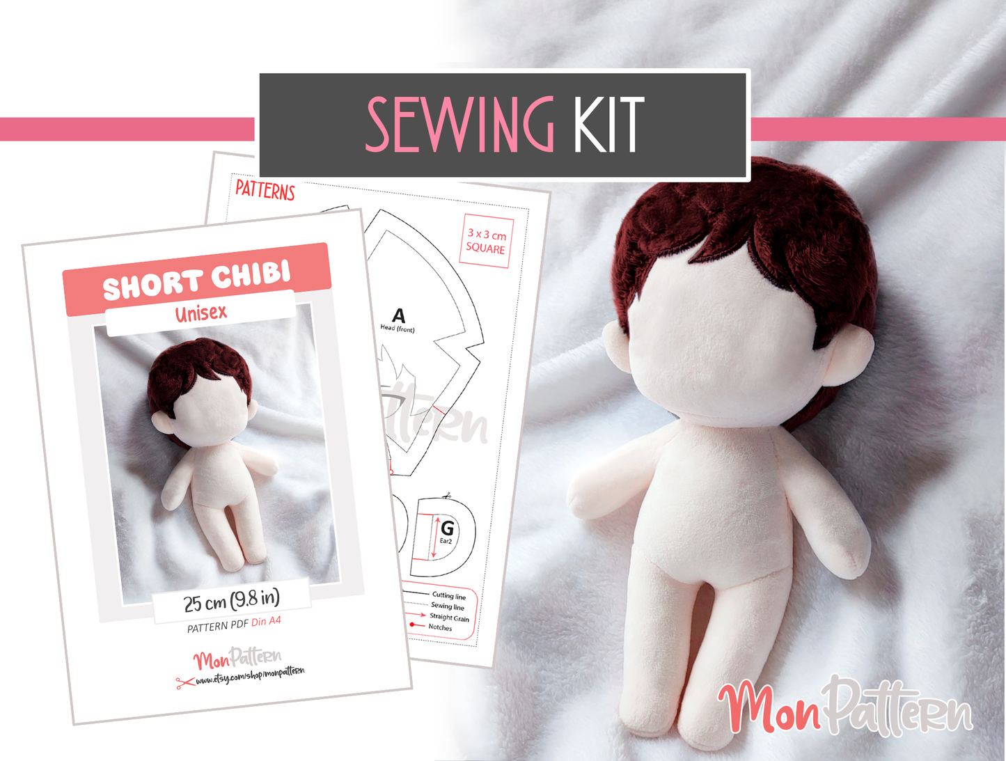 short chibi plush sewing pattern, sewing kit with minky fabric. 25 cm 10 in spanish or english tutorial. beginner