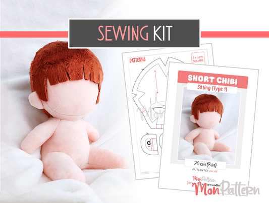 SHORT CHIBI Sitting Plush Sewing Pattern, Sewing Kit with Minky Fabric. 20 cm 8 in Spanish or English tutorial