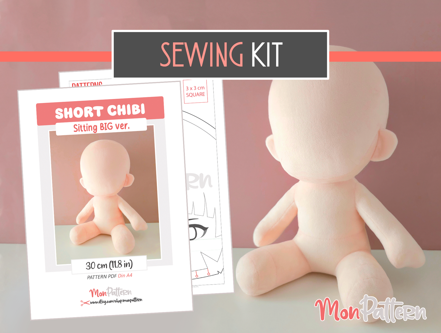 short chibi sitting big plush sewing pattern, sewing kit with minky fabric. 30 cm 11.8 in spanish or english tutorial