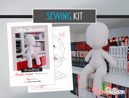 REGULAR CHIBI sitting Female Plush Sewing Pattern, Sewing Kit with Minky Fabric. 30 cm 11.8 in Spanish or English tutorial