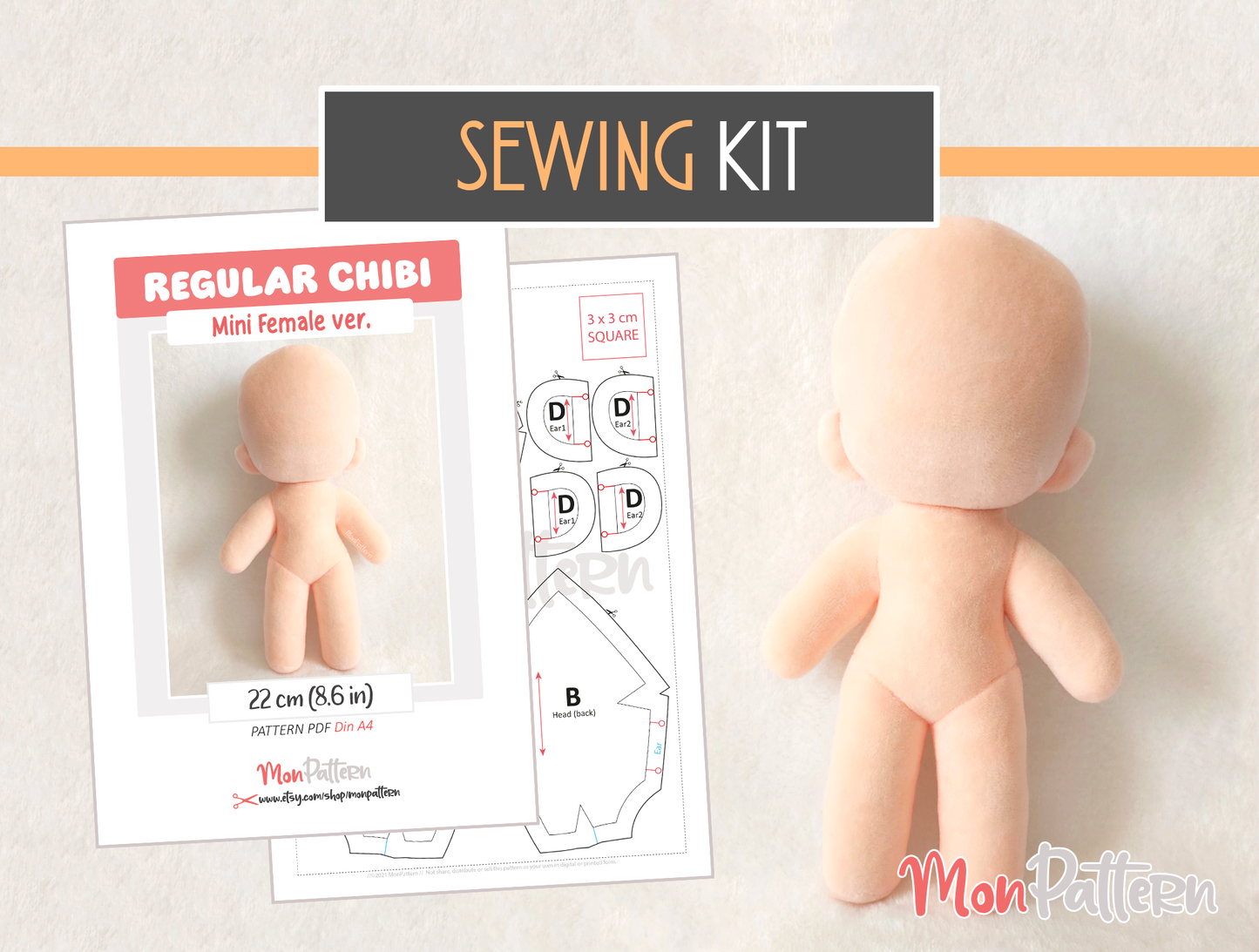 regular chibi mini female plush sewing pattern, sewing kit with minky fabric. 22 cm, 8.6 in, spanish or english tutorial