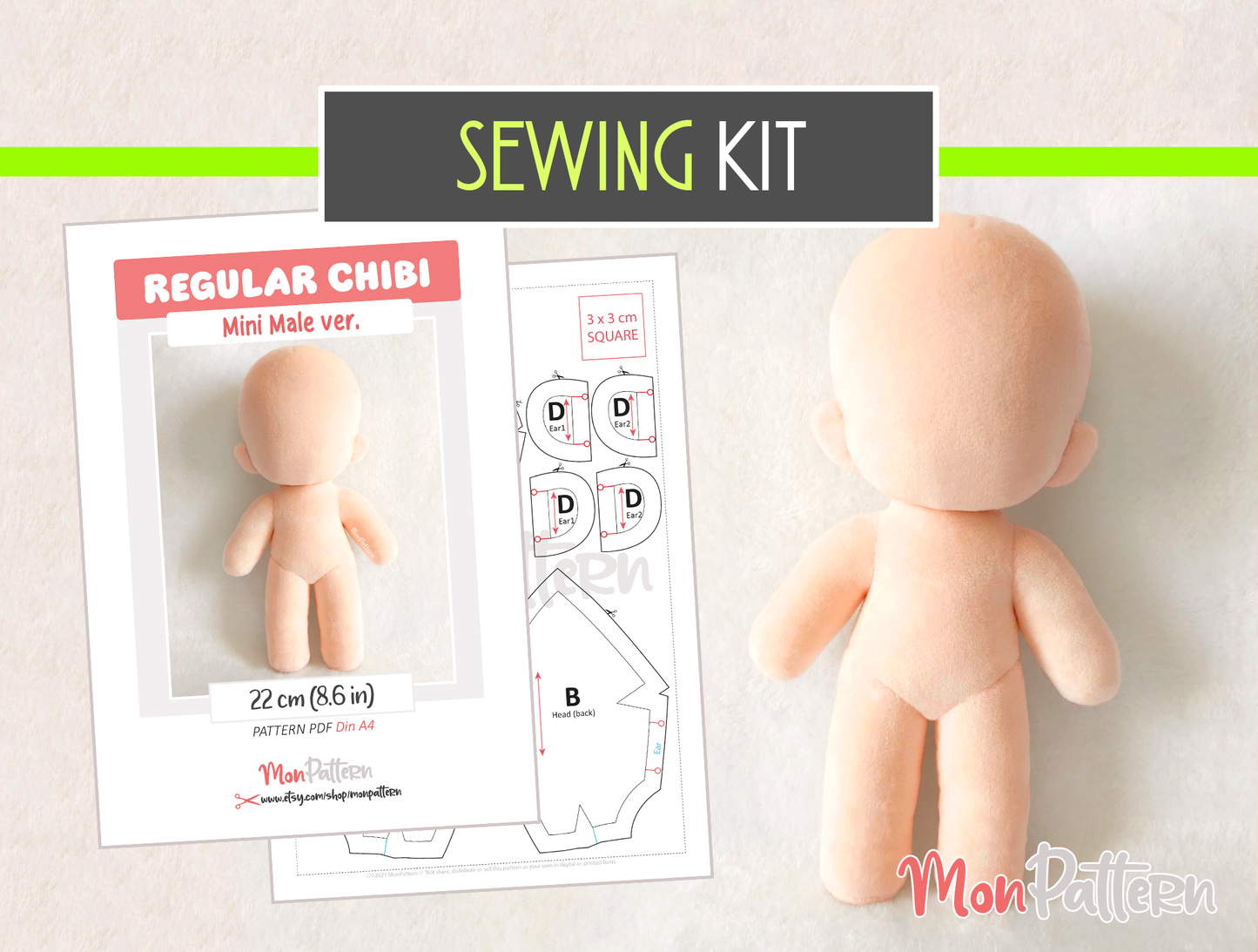 regular chibi mini male plush sewing pattern, sewing kit with minky fabric. 22 cm, 8.6 in, spanish or english tutorial