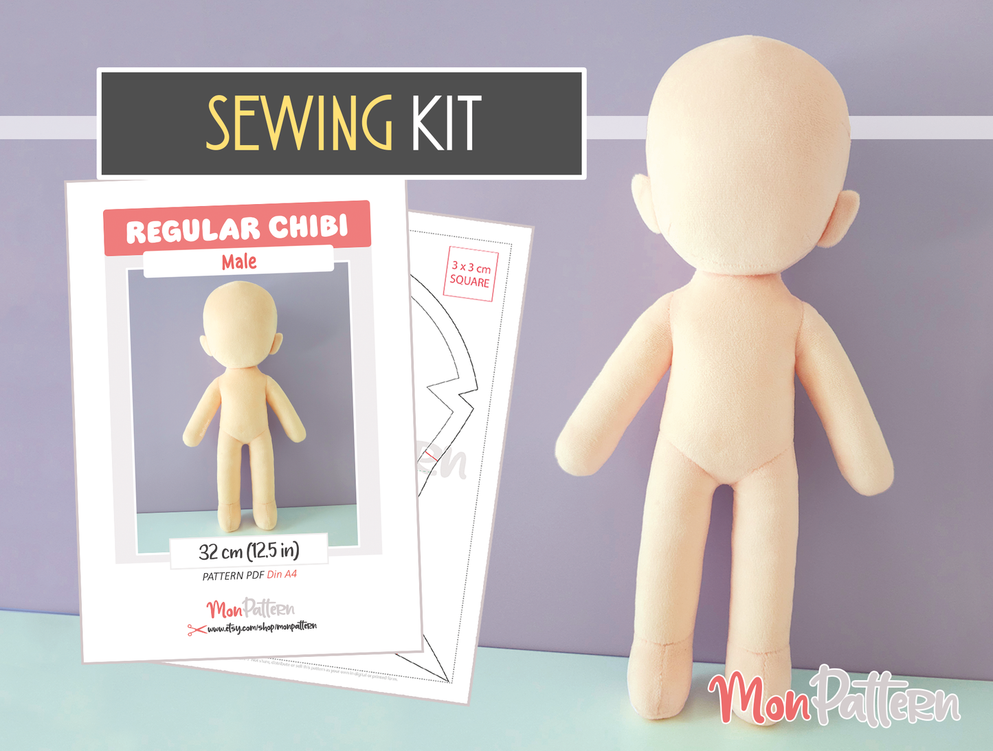 regular chibi male plush sewing pattern, sewing kit with minky fabric. 32 cm, 12.5 in, spanish or english tutorial