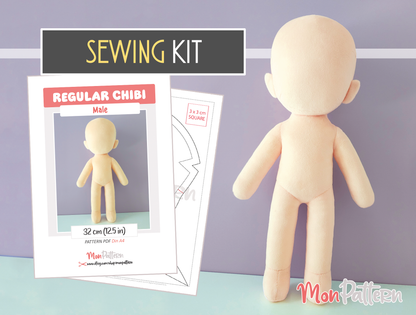 REGULAR CHIBI Male Plush Sewing Pattern, Sewing Kit with Minky Fabric. 32 cm, 12.5 in, Spanish or English tutorial