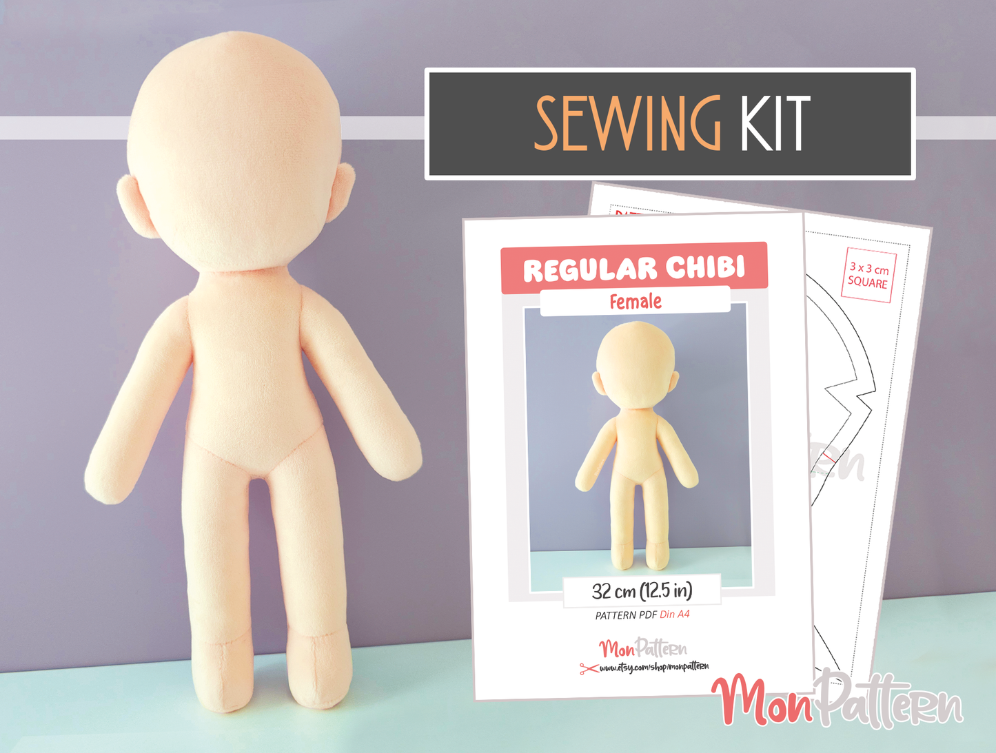 regular chibi female plush sewing pattern, sewing kit with minky fabric. 32 cm, 12.5 in, spanish or english tutorial