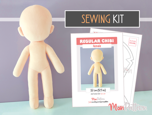 REGULAR CHIBI Female Plush Sewing Pattern, Sewing Kit with Minky Fabric. 32 cm, 12.5 in, Spanish or English tutorial