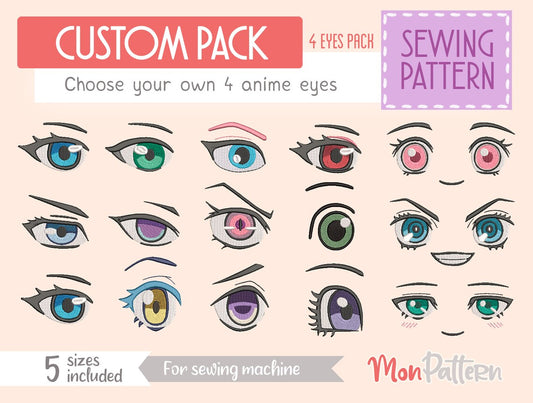 Custom pack choose your own 4 anime eyes sewing patterns for plush face chibi OC plushies digital PDF