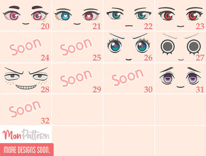 Pack personalizado elige tus 4 ojos de anime patrones de costura para cara de peluche chibi OC descarga digital PDF
