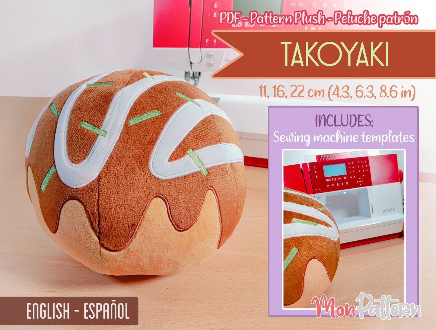 takoyaki plush sewing pattern. digital pdf with video tutorials, beginner plush sewing pattern.